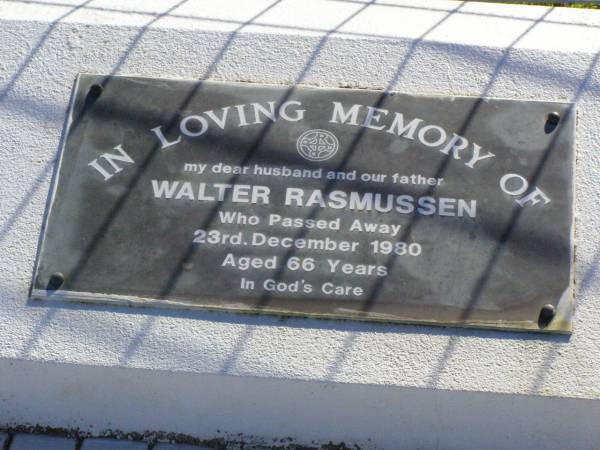 Walter RASMUSSEN, husband father,  | died 23 Dec 1980 aged 66 years;  | Tarampa Apostolic cemetery, Esk Shire  | 