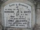 Hermann C W JACKWITZ 8 Mar 1946 aged 82 Anna JACKWITZ 25 Jul 1947 aged 69 Tarampa Baptist Cemetery, Esk Shire 