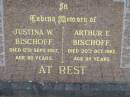 Justina W BISCHOFF 12 Sep 1957 aged 60 Arthur E BISCHOFF 20 Oct 1982 aged 85 Tarampa Baptist Cemetery, Esk Shire 