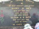 
Harry H BICK
21 Aug 1967 aged 56
Ellen A R BICK
27 Jul 1992 aged 83
Tarampa Baptist Cemetery, Esk Shire

