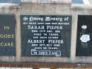 Sarah PIEPER 13 Aug 1961 aged 74 Albert PIEPER 19 Oct 1982 aged 95 Tarampa Baptist Cemetery, Esk Shire 