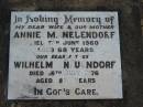 Annie M NEUENDORF 5 Jun 1960 aged 68 Wilhelm NEUENDORF 16 Jul 1976 aged 85 Tarampa Baptist Cemetery, Esk Shire 