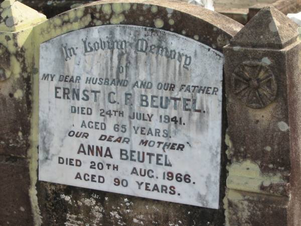 Ernst C F BEUTEL  | 24 Jul 1941 aged 65  | Anna BEUTEL  | 20 Aug 1966 aged 90  | Tarampa Baptist Cemetery, Esk Shire  | 