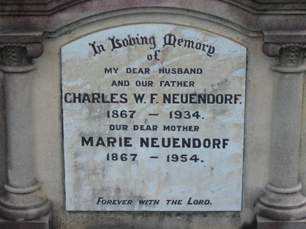 Charles W F NEUENDORF  | 1867 - 1934  | Marie NEUENDORF  | 1867 - 1954  | Tarampa Baptist Cemetery, Esk Shire  | 