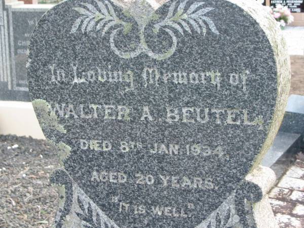 Walter A BEUTEL  | 8 Jan 1934 aged 20  | Tarampa Baptist Cemetery, Esk Shire  | 