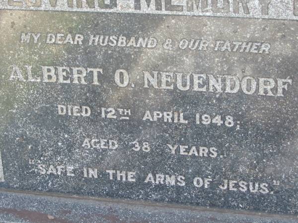 Albert O NEUENDORF  | 12 Apr 1948 aged 38  | Tarampa Baptist Cemetery, Esk Shire  | 