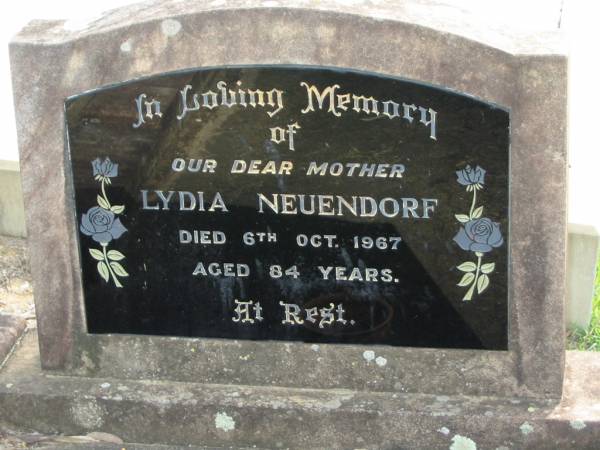 Lydia NEUENDORF  | 6 Oct 1967 aged 84  | Tarampa Baptist Cemetery, Esk Shire  | 