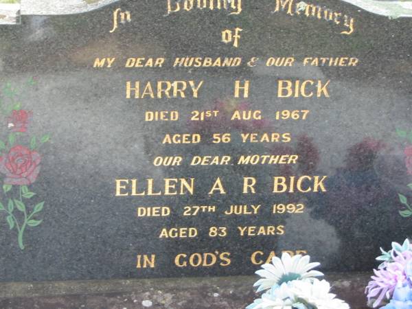 Harry H BICK  | 21 Aug 1967 aged 56  | Ellen A R BICK  | 27 Jul 1992 aged 83  | Tarampa Baptist Cemetery, Esk Shire  | 