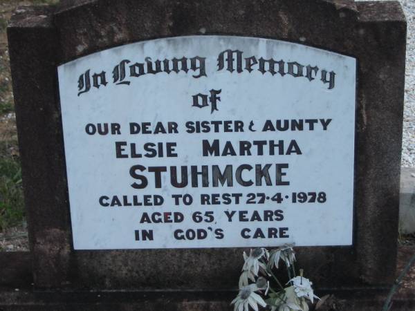 Elsie Martha STUHMCKE  | 27 Apr 1978 aged 65  | Tarampa Baptist Cemetery, Esk Shire  | 