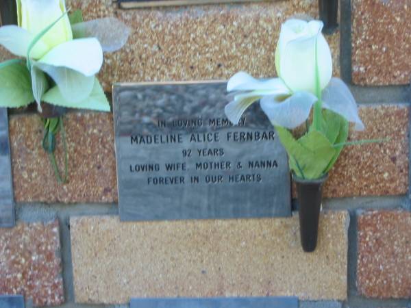 Madeline Alice FERNBAR,  | aged 92 years,  | wife mother nanna;  | Tea Gardens cemetery, Great Lakes, New South Wales  | 