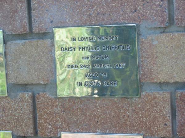 Daisy Phyllis GRIFFITHS (nee MOTUM),  | died 24 March 1987 aged 78 years;  | Tea Gardens cemetery, Great Lakes, New South Wales  | 
