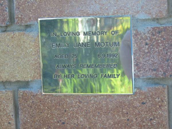 Emily Jane MOTUM,  | died 6-9-1992 aged 75 years;  | Tea Gardens cemetery, Great Lakes, New South Wales  | 