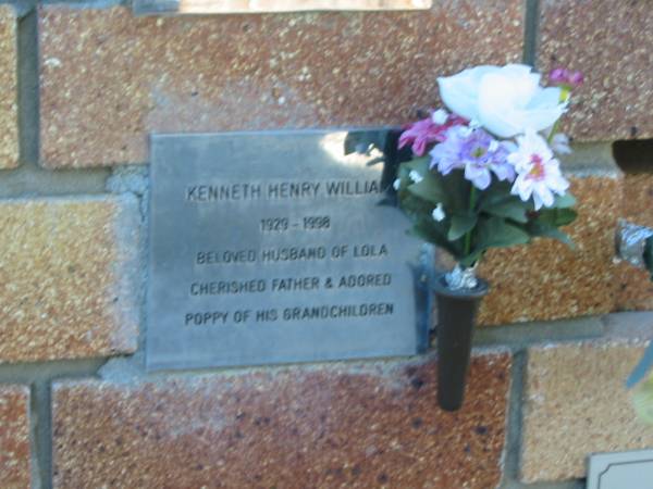 Kenneth Henry WILLIAMS,  | 1929 - 1998,  | husband of Lola,  | father poppy;  | Tea Gardens cemetery, Great Lakes, New South Wales  | 