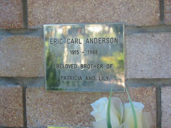 Eric Carl ANDERSON,  | 1915 - 1988,  | brother of Patricia & Lily;  | Tea Gardens cemetery, Great Lakes, New South Wales  | 