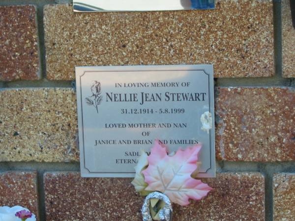 Nellie Jean STEWART,  | 31-12-1914 - 5-8-1999,  | mother & nan of Janice & Brian & families;  | Tea Gardens cemetery, Great Lakes, New South Wales  | 