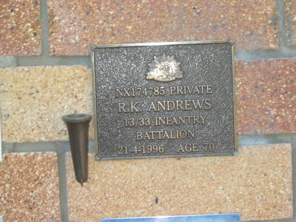 R.K. ANDREWS,  | died 21-4-1996 aged 70 years;  | Tea Gardens cemetery, Great Lakes, New South Wales  | 