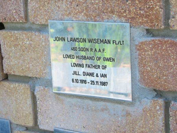 John Lawson WISEMAN,  | husband of Gwen,  | father of Jill, Diane & Ian,  | 6-10-1916 - 25-11-1987;  | Tea Gardens cemetery, Great Lakes, New South Wales  | 