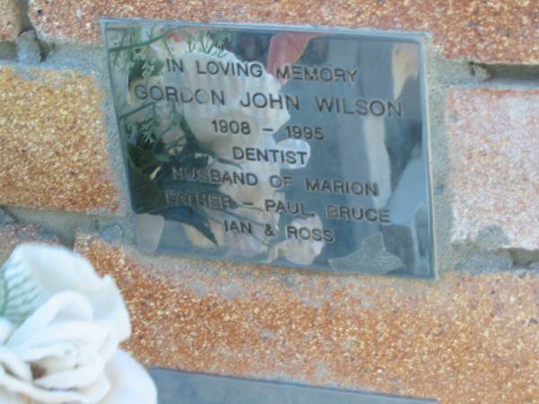 Gordon John WILSON,  | 1908 - 1995,  | husband of Marion,  | father of Paul, Bruce, Ian & Ross;  | Tea Gardens cemetery, Great Lakes, New South Wales  | 