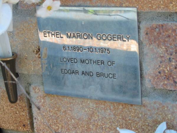 Ethel Marion GOGERLY,  | 6-1-1890 - 10-1-1975,  | mother of Edgar & Bruce;  | Tea Gardens cemetery, Great Lakes, New South Wales  | 