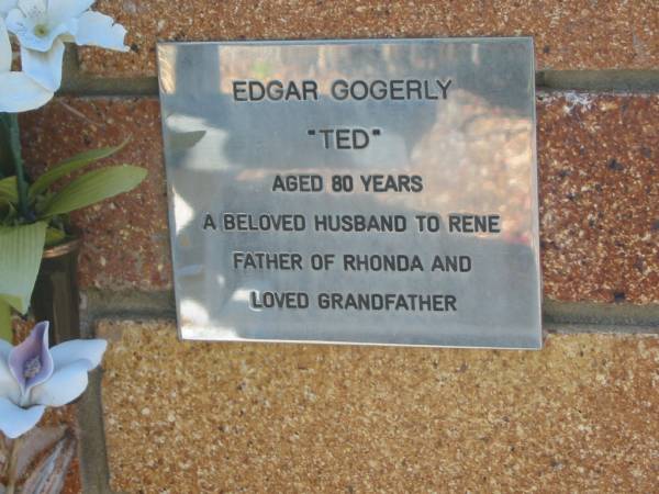 Edgar (Ted) GOGERLY,  | aged 80 years,  | husband of Rene,  | father of Rhonda,  | grandfather;  | Tea Gardens cemetery, Great Lakes, New South Wales  | 
