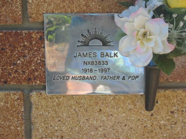 James BALK,  | 1918 - 1997,  | husband father pop;  | Tea Gardens cemetery, Great Lakes, New South Wales  | 