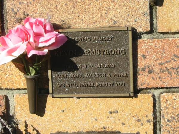Kevin ARMSTRONG,  | 14-11-1929 - 30-3-2003,  | remembered by Mary, John, Jackson & Peter;  | Tea Gardens cemetery, Great Lakes, New South Wales  | 