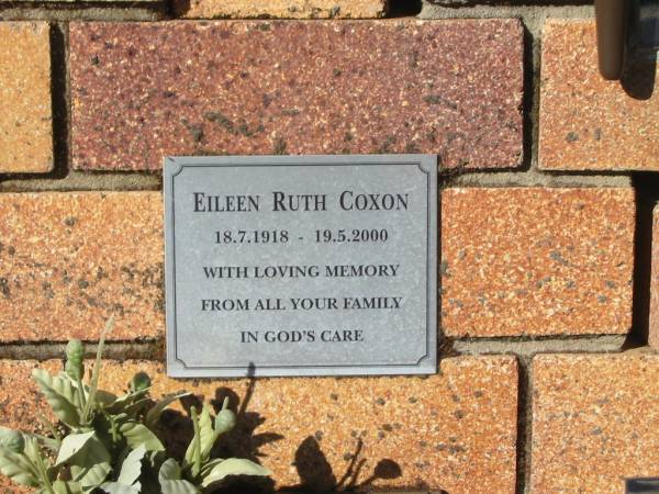 Eileen Ruth COXON,  | 18-7-1918 - 19-5-2000;  | Tea Gardens cemetery, Great Lakes, New South Wales  | 