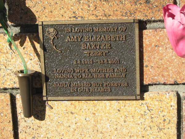Amy Elizabeth (Terry) BAXTER,  | 2-8-1922 - 18-6-2001,  | wife mother nanna;  | Tea Gardens cemetery, Great Lakes, New South Wales  | 