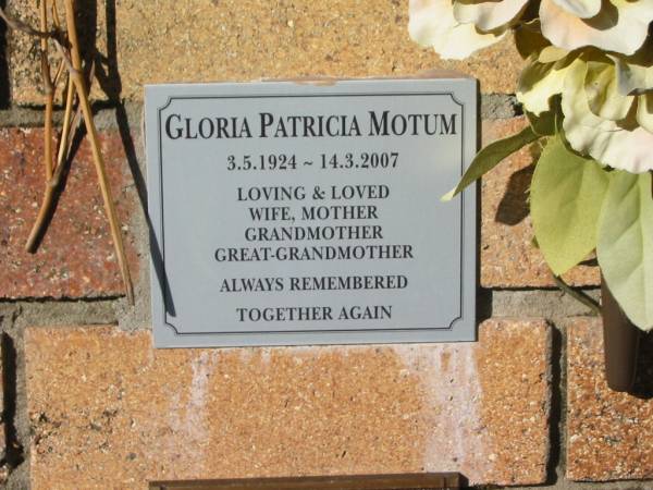 Gloria Patricia MOTUM,  | 3-5-1924 - 14-3-2007,  | wife mother grandmother great-grandmother;  | Tea Gardens cemetery, Great Lakes, New South Wales  | 