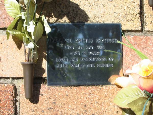 Raymond Arthur KEATINGS,  | died 31 May 2001 aged 88 years,  | loved by Ruth & family;  | Tea Gardens cemetery, Great Lakes, New South Wales  | 
