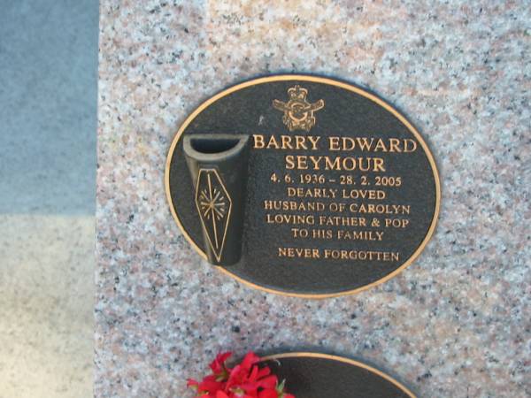 Barry Edward SEYMOUR,  | 4-6-1936 - 28-2-2005,  | husband of Carolyn,  | father pop;  | Tea Gardens cemetery, Great Lakes, New South Wales  | 