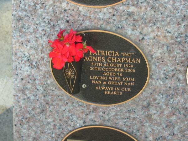 Patricia (Pat) Agnes CHAPMAN,  | 30 Aug 1928 - 20 Oct 2006 aged 78 yeras,  | wife mum nan great-nan;  | Tea Gardens cemetery, Great Lakes, New South Wales  | 