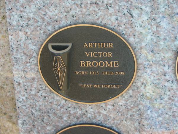 Arthur Victor BROOME,  | born 1913,  | died 2008;  | Tea Gardens cemetery, Great Lakes, New South Wales  | 