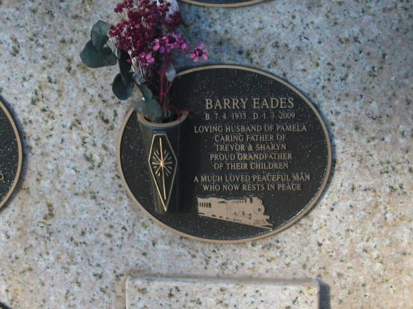 Barry Eades,  | 7-4-1935 - 1-3-2009,  | husband of Pamela,  | father of Trevor & Sharyn,  | grandfather;  | Tea Gardens cemetery, Great Lakes, New South Wales  | 