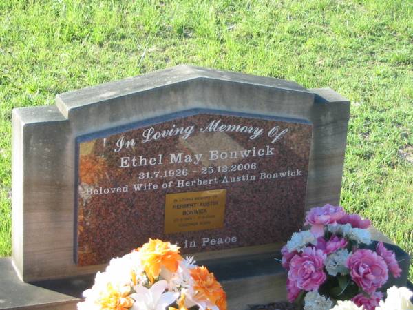 Ethel May BONWICK,  | 31-7-1926 - 25-12-2006,  | wife of Herbert Austin BONWICK;  | Herbert Austin BONWICK,  | 23-3-1924 - 17-8-2009;  | Tea Gardens cemetery, Great Lakes, New South Wales  | 