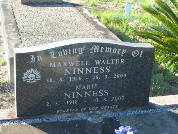Maxwell Walter NINNESS,  | 30-8-1916 - 26-3-2000;  | Marie NINNESS,  | 2-3-1918 - 10-8-2003;  | Tea Gardens cemetery, Great Lakes, New South Wales  | 