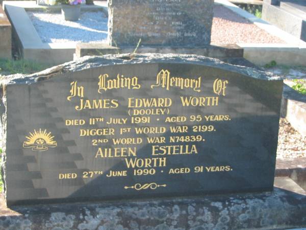 James Edward (Dooley) WORTH,  | died 11 July 1991 aged 95 years;  | Aileen Estella WORTH,  | died 27 June 1990 aged 91 years;  | Betty Adele WORTH,  | born 14 Sept 1927,  | died 11 Jan 1982;  | Tea Gardens cemetery, Great Lakes, New South Wales  | 