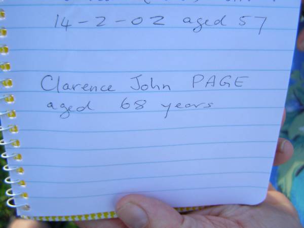 Clarence John PAGE,  | aged 68 years;  | Tea Gardens cemetery, Great Lakes, New South Wales  | 