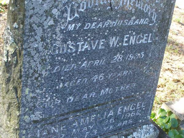 Gustave W. ENGEL,  | husband,  | died 28 April 1935 aged 46 years;  | Jane Amelia ENGEL,  | mother,  | died 26 May 1962 aged 73 years;  | Albert Edward (Nicky) ENGEL,  | died 14 Sept 1944,  | remembered by brothers & sisters;  | Tea Gardens cemetery, Great Lakes, New South Wales  | 