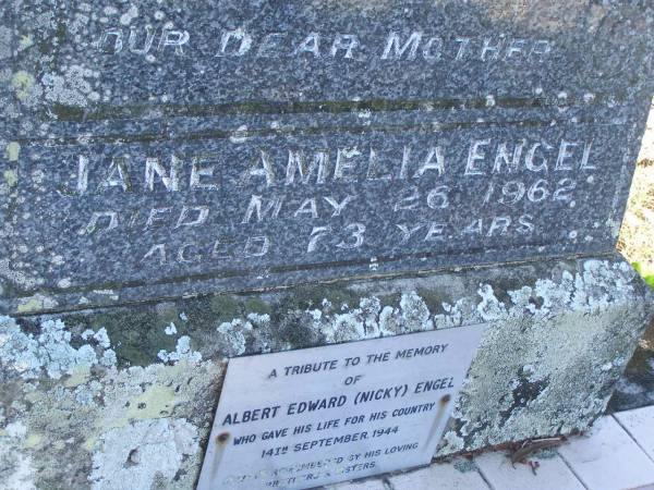 Gustave W. ENGEL,  | husband,  | died 28 April 1935 aged 46 years;  | Jane Amelia ENGEL,  | mother,  | died 26 May 1962 aged 73 years;  | Albert Edward (Nicky) ENGEL,  | died 14 Sept 1944,  | remembered by brothers & sisters;  | Tea Gardens cemetery, Great Lakes, New South Wales  | 