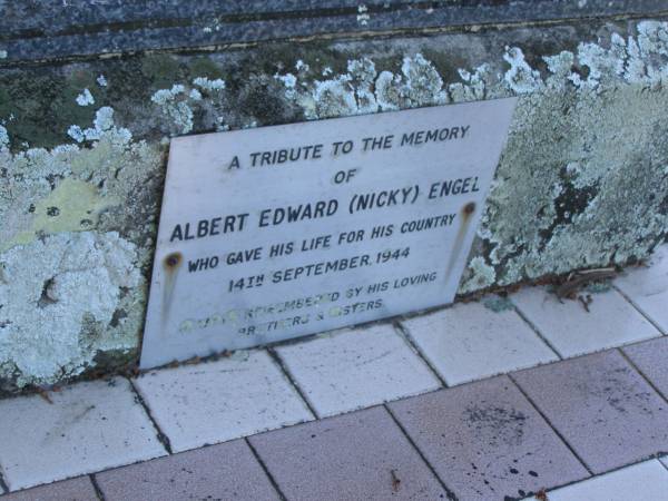 Gustave W. ENGEL,  | husband,  | died 28 April 1935 aged 46 years;  | Jane Amelia ENGEL,  | mother,  | died 26 May 1962 aged 73 years;  | Albert Edward (Nicky) ENGEL,  | died 14 Sept 1944,  | remembered by brothers & sisters;  | Tea Gardens cemetery, Great Lakes, New South Wales  | 