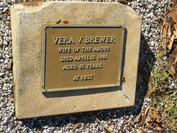 I. BREWER,  | died 12 July 1966 aged 74 years;  | Vera V. BREWER,  | wife,  | died 13 April 1981 aged 83 years;  | Tea Gardens cemetery, Great Lakes, New South Wales  | 