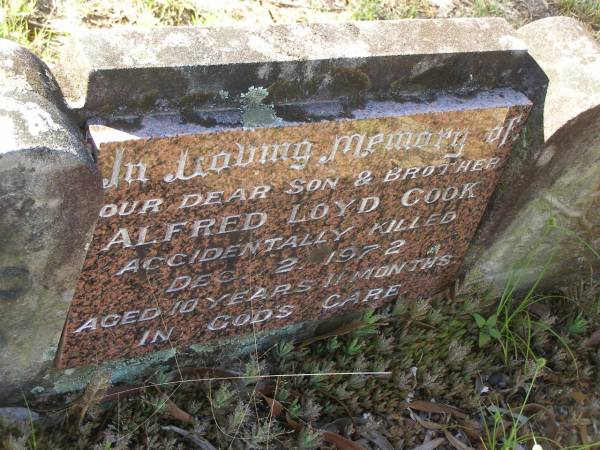 Alfred Loyd COOK,  | son brother,  | accidentally killed 2 Dec 1972 aged 10 years 11 months;  | Tea Gardens cemetery, Great Lakes, New South Wales  | 