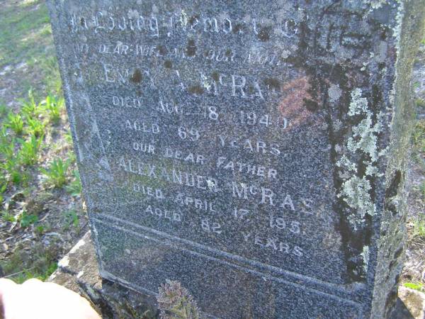 Emily A. McRAE,  | died 18 Aug 1940 aged 69 years,  | mother;  | Alexander MCRAE,  | died 17 April 1951 aged 82 years,  | father;  | Tea Gardens cemetery, Great Lakes, New South Wales  | 
