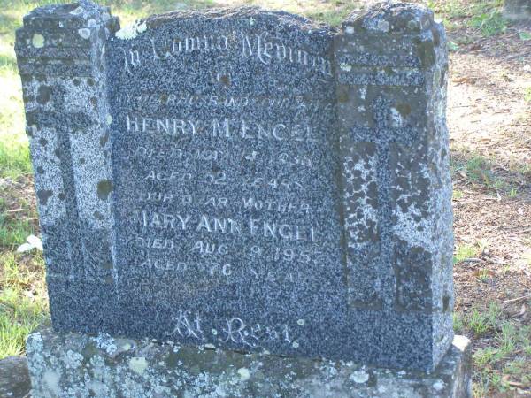 Henry M. ENGEL,  | husband father,  | died 14 May 1938 aged 52 years;  | Mary Ann ENGEL,  | mother,  | died 9 Aug 1957 aged 70 years;  | Tea Gardens cemetery, Great Lakes, New South Wales  | 