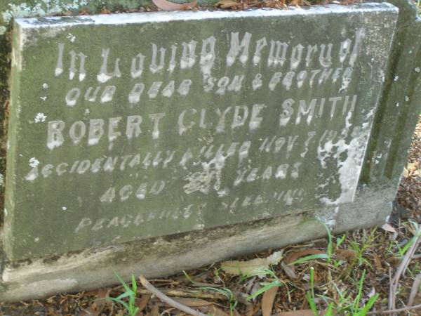 Robert Clyde SMITH,  | son brother,  | accidentally killed 7 Nov 1938 aged 21 years;  | Tea Gardens cemetery, Great Lakes, New South Wales  | 