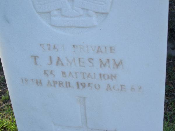T. JAMES,  | died 18 April 1950 aged 62 years;  | Tea Gardens cemetery, Great Lakes, New South Wales  | 