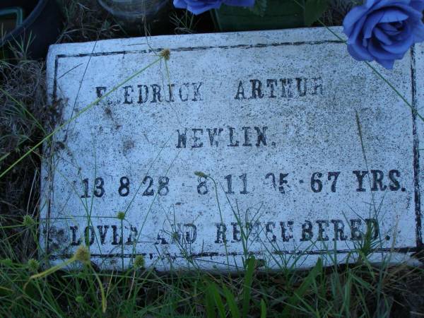 Fredrick Arthur NEWLIN,  | 13-8-28 - 1-11-95 aged 67 years;  | Tea Gardens cemetery, Great Lakes, New South Wales  | 