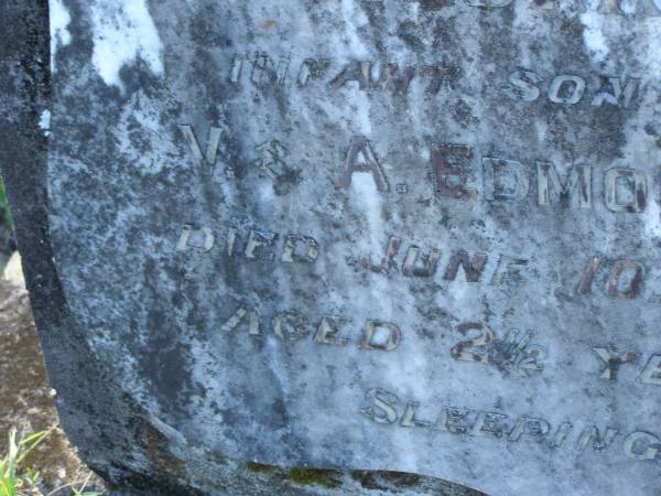 Gilbert,  | infant son of V. & A. EDMONDS,  | died 10 June 1929 aged 2 1/2 years;  | Tea Gardens cemetery, Great Lakes, New South Wales  | 