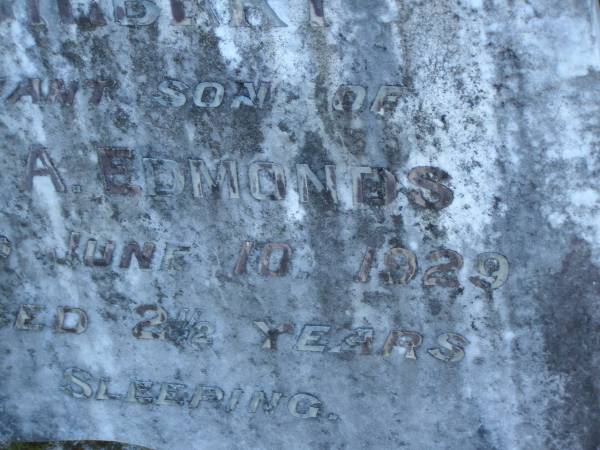 Gilbert,  | infant son of V. & A. EDMONDS,  | died 10 June 1929 aged 2 1/2 years;  | Tea Gardens cemetery, Great Lakes, New South Wales  | 